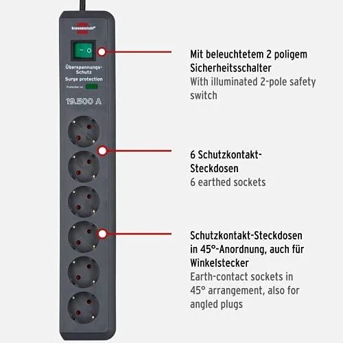 Brennenstuhl Secure-Tec 19.500A prailgintuvas su 6 lizdais ir apsauga nuo viršįtampių, 2m, pilkos spalvos