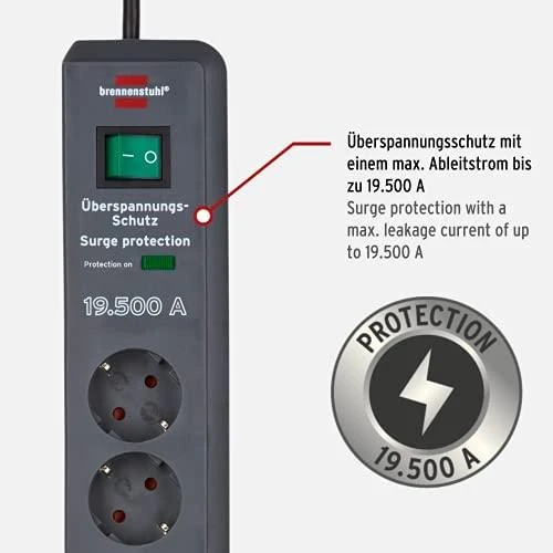 Brennenstuhl Secure-Tec 19.500A prailgintuvas su 6 lizdais ir apsauga nuo viršįtampių, 2m, pilkos spalvos