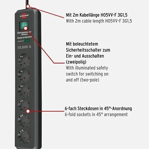 Brennenstuhl Secure-Tec 19.500A prailgintuvas su 6 lizdais ir apsauga nuo viršįtampių, 2m, pilkos spalvos