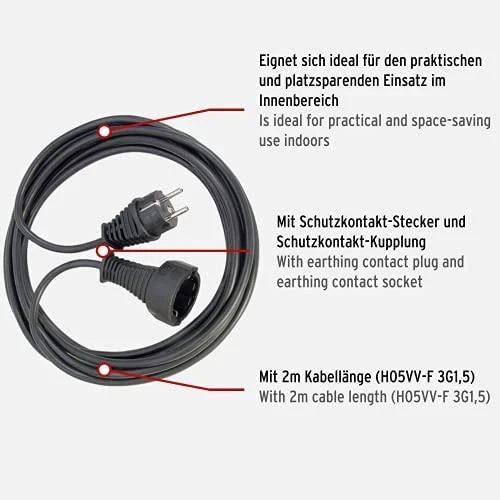 Brennenstuhl įžemintas ilgintuvas tiesus CEE 7/7 į tiesus CEE 7/4 (Schuko), 2m , juodas 1165010015 / DEL-118F