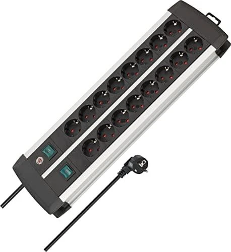 Brennenstuhl Premium ALU-Line 16 kartų juodos spalvos, su 2 jungikliais, 3 m