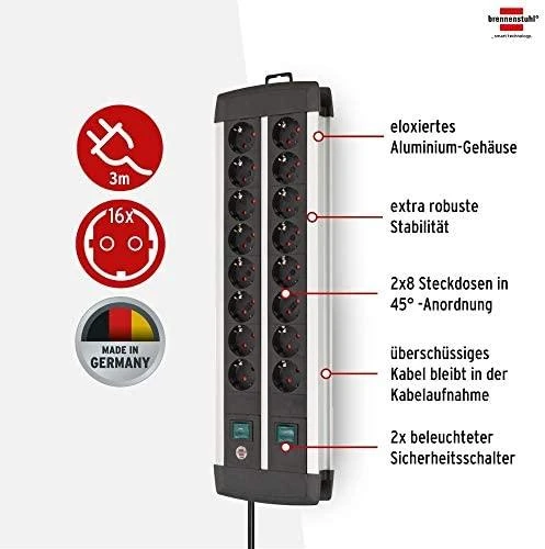 Brennenstuhl Premium ALU-Line 16 kartų juodos spalvos, su 2 jungikliais, 3 m