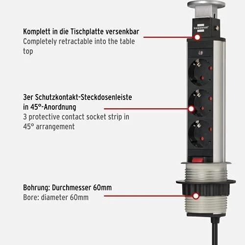 Brennenstuhl Stalinis leidžiamas prailgintuvas 3x CEE 7/4, Sidablinis / Juodas1396200003 / GT-358