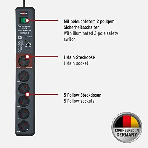 Brennenstuhl Secure-Tec, Ilgintuvas 6xCEE 7/4 lizdai, 1xCEE 7/7 jungtis, su jungtuku, viršįtampių apsauga, 3m kabelis, apsauga nuo augintinių, juodas 1159490966 / GT-438