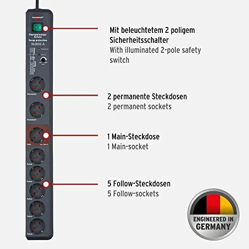 Brennenstuhl Secure-Tec 19.500A, 8xCEE 7/4, 1xCEE 7/7, 3m, juodas 1159490936 / GT-636