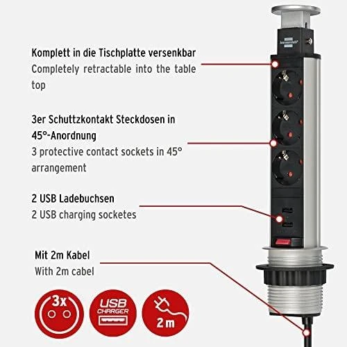 Brennenstuhl Tower Power USB stalinis ilgiklis, 3x CEE 7/4, 2xUSB, sidabrinis / juodas 1396200013 / GT-652