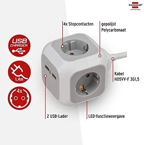 Brennenstuhl Brennen ALEA-Power Ilgiklis, 4 CEE lizdai, 2 USB-įkrovimo lizdai 1,4m / GT-673