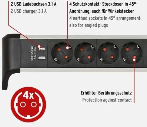 Brennenstuhl 1391040410 Alu-Office-Line 4-fach 1,8m 2x USB sidabrinis/juodas