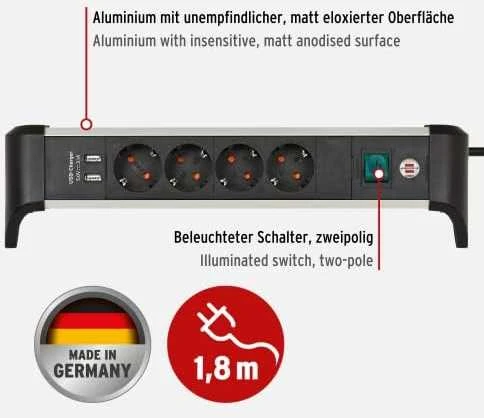 Brennenstuhl 1391040410 Alu-Office-Line 4-fach 1,8m 2x USB sidabrinis/juodas