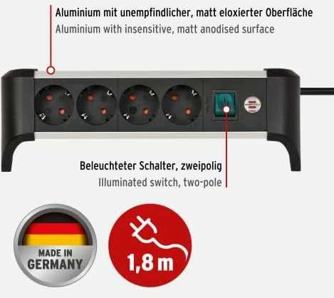 Brennenstuhl 1391040400 Alu-Office-Line 4-fach 1,8m sidabrinis/juodas