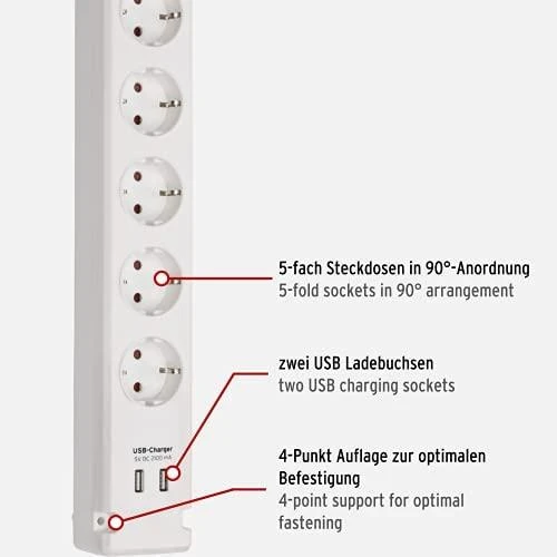 Brennenstuhl Bremounta maitinimo juostelė, 5 krypčių, USB įkrovimo funkcija - balta
