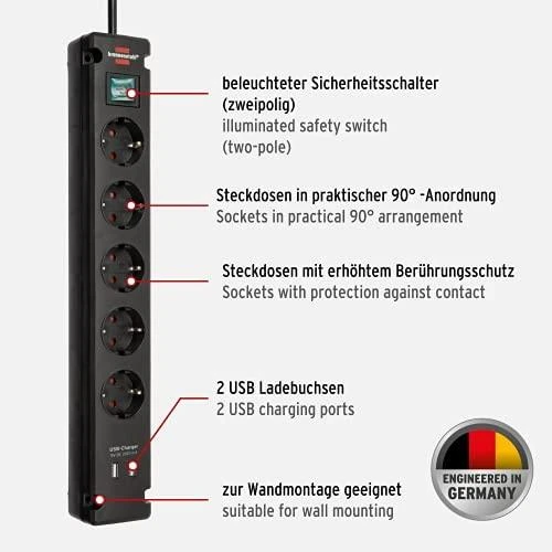 Carruzzo Brennenstuhl Bremounta elektros tinklo ilgintuvas 3 m 5 AC išvestis(ys / čių) Vidaus Juoda