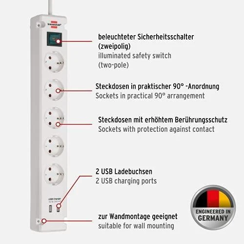 Brennenstuhl Bremounta maitinimo juostelė, 5 krypčių, USB įkrovimo funkcija - balta