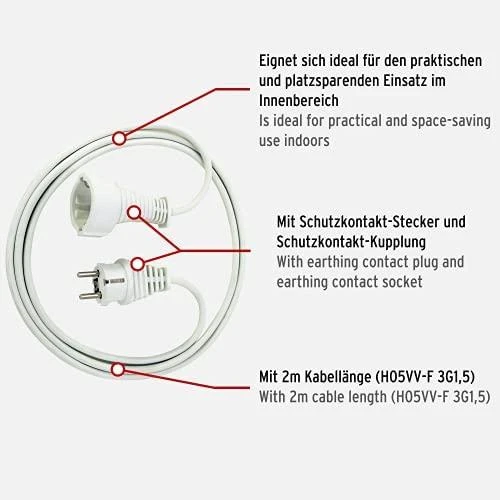 Brennenstuhl Ilgiklis, CEE 7/7, CEE 7/4 (Schuko), 2m Baltas 1168120015 / DEL-118E