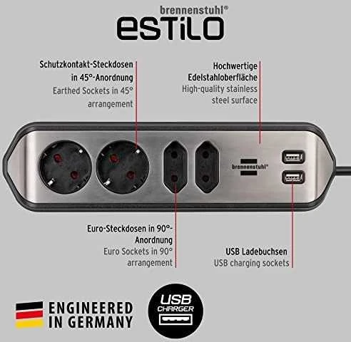 Buitinis ilgintuvas BRENNENSTUHL, 4 vt, 2USB, 2m