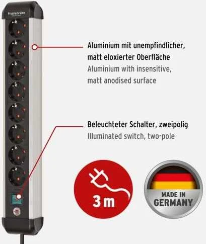 Brennenstuhl Premium-Alu-Line maitinimo juostelė 8 krypčių 3m H05VV-F 3G1.5