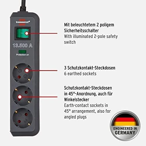 Brennenstuhl Eco-Line, prailgintuvas 3xCEE 7/4, 1xCEE 7/7, jungiklis, apsauga nuoviršįtampių, 1.5m, apsauga nuo augintinių, juodas1158820315 / GT-446