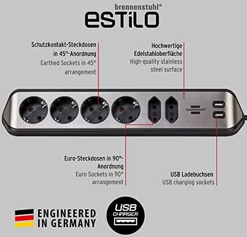Brennenstuhl estilo Kampinis 6 krypčių prailginimo laidas juodas