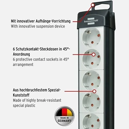 Brennenstuhl Premium line, prailgintuvas 6xCEE 7/4, 1xCEE 7/7, jungtukas, apsauga nuo augintinių, 5m, juodas / pilkas1951560101 / GT-456