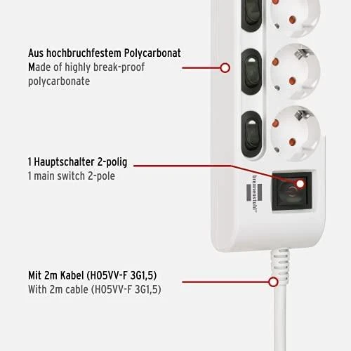 Brennenstuhl Socket Line 6 kartus 2m įsk. Jungiklis