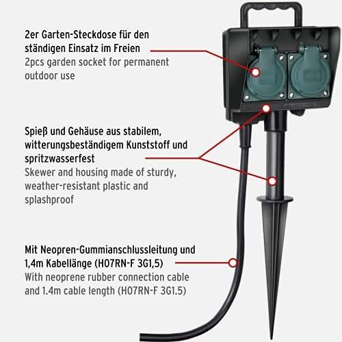 Brennenstuhl 2 krypčių lauko sodo lizdas su įžeminimo smaigaliu (atsparus oro sąlygoms, vandeniui atsparus korpusas, 1,4 m laidas)