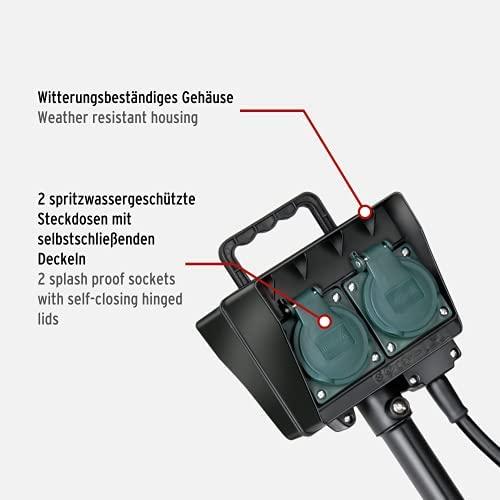 Brennenstuhl 2 krypčių lauko sodo lizdas su įžeminimo smaigaliu (atsparus oro sąlygoms, vandeniui atsparus korpusas, 1,4 m laidas)