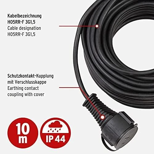 Brennenstuhl ilgiklis CEE 7/7, CEE 7/4 (Schuko), IP 44, 10m , Juodas1161450 / DEL-118R