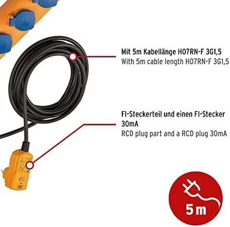 Carruzzo Brennenstuhl 1159900805 elektros tinklo ilgintuvas 5 m 5 AC išvestis(ys / čių) Lauke Juoda, Mėlyna, Geltona