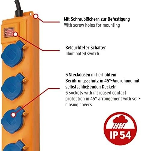 Carruzzo Brennenstuhl 1159900805 elektros tinklo ilgintuvas 5 m 5 AC išvestis(ys / čių) Lauke Juoda, Mėlyna, Geltona