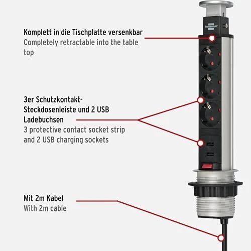 Brennenstuhl Tower Power USB stalinis ilgiklis, 3x CEE 7/4, 2xUSB, sidabrinis / juodas 1396200013 / GT-652