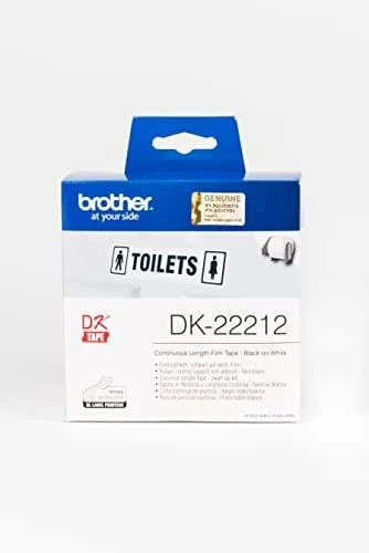 Originalus Brother DK-22212 nenutrūkstamo ilgio kino juostos stiliaus etikečių ritinėlis – juodos raidės baltame fone, 62 mm.