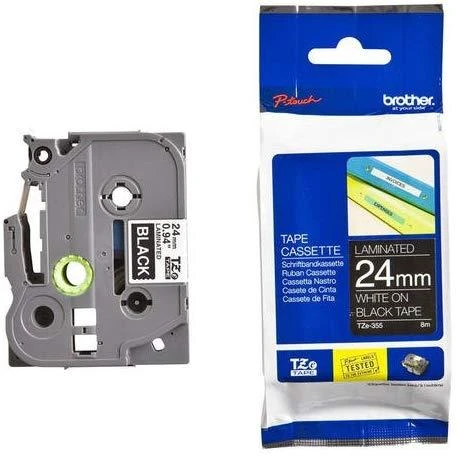 Brother | TZe-355 Laminated Tape | Baltas on Juodas | TZe | 8 m | 2.4 cm