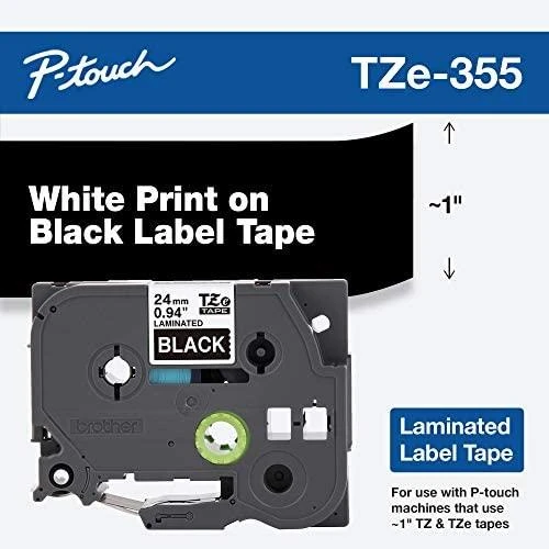 Brother | TZe-355 Laminated Tape | Baltas on Juodas | TZe | 8 m | 2.4 cm