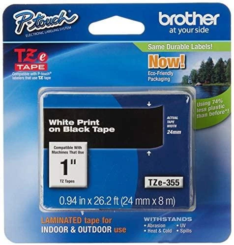 Brother | TZe-355 Laminated Tape | Baltas on Juodas | TZe | 8 m | 2.4 cm