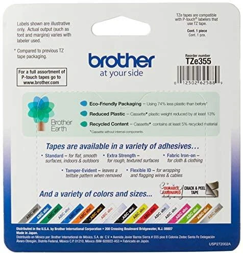 Brother | TZe-355 Laminated Tape | Baltas on Juodas | TZe | 8 m | 2.4 cm