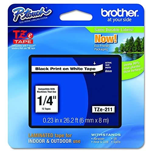 Brother | TZe-211 Laminated Tape | Juodas on Baltas | TZe | 8 m | 6 cm