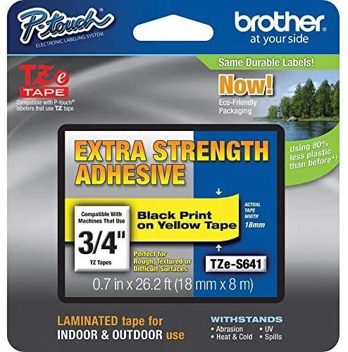 Brother | TZe-S641 Strong Adhesive Laminated Tape | Juodas on Geltona | TZe | 8 m | 1.8 cm