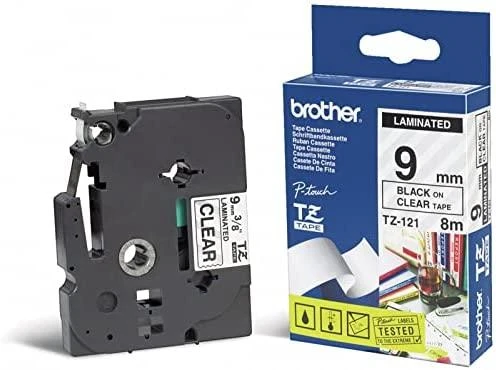Brother Brolis | TZe-121 laminuota juosta | Juodas ant Clear | TZe | 8 m | 9 cm
