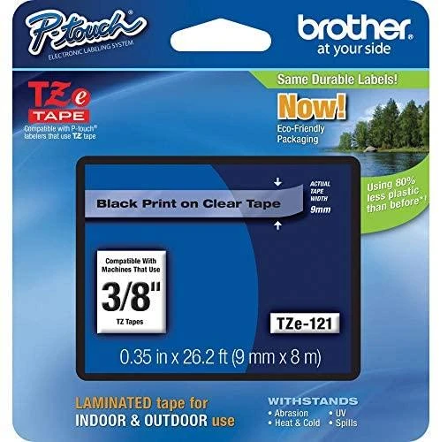 Brother Brolis | TZe-121 laminuota juosta | Juodas ant Clear | TZe | 8 m | 9 cm