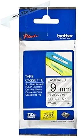 Brother Brolis | TZe-121 laminuota juosta | Juodas ant Clear | TZe | 8 m | 9 cm