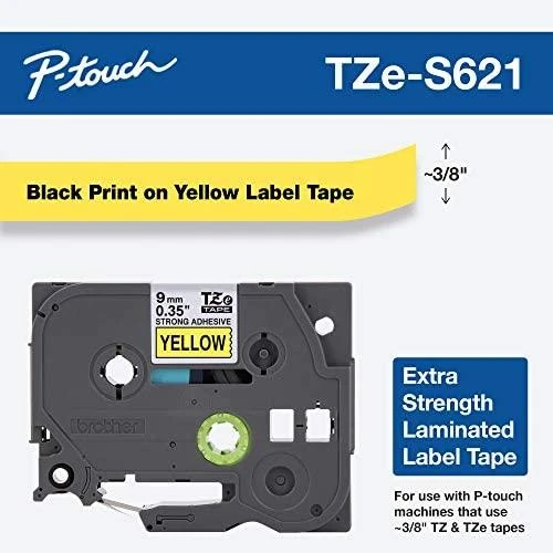 Brother | TZe-S621 Strong Adhesive Laminated Tape | Juodas on Geltona | TZe | 8 m | 9 cm