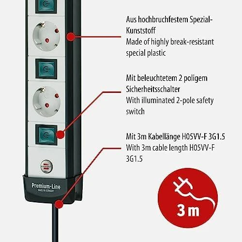 Brennenstuhl Premium Line Technics, prailgintuvas 5xCEE 7/4, 1xCEE 7/7, 5xmygtukai, 3m, apsauga nuo augintinių, juodas / pilkas1951550600 / GT-501