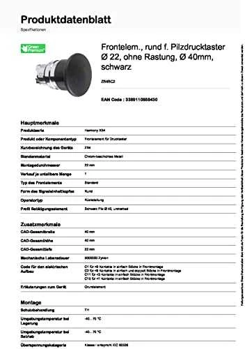 Schneider Electric ZB4BC2 mygtuko techninių duomenų lapas