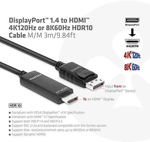 DisplayPort į HDMI laidas su techninėmis savybėmis