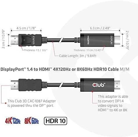 Club 3D DisplayPort į HDMI 4K120Hz/8K60Hz laidas – 3m