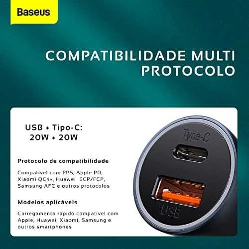 Baseus Automobilinis įkroviklis 40W 12-24V USB + USB-C QC4+ PD3.0 SCP FCP AFC, pilkas