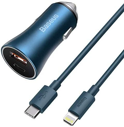 Baseus Automobilinis įkroviklis 40W 12-24V USB + USB-C QC4+ PD3.0 SCP FCP AFC, pilkas