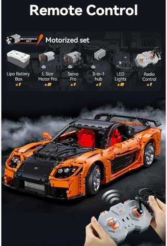 CaDA statybiniai blokai Nuotoliniu būdu valdomas automobilis 56 cm oranžinės spalvos automobilių lenktynės Mazda RX-7 3305 dalys RC