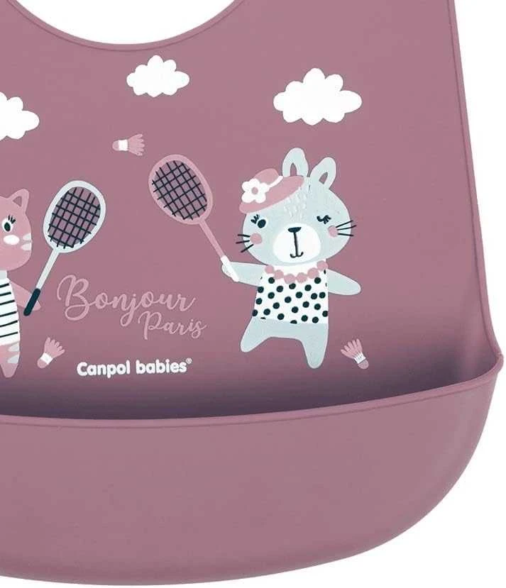 Canpol babies Silikoninis seilinukas su kišenėle BONJOUR PARIS tamsiai raudonas