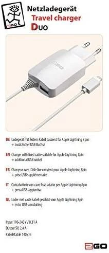 Įkroviklis 2GO Lightning i USB 12W Baltas (797166)
